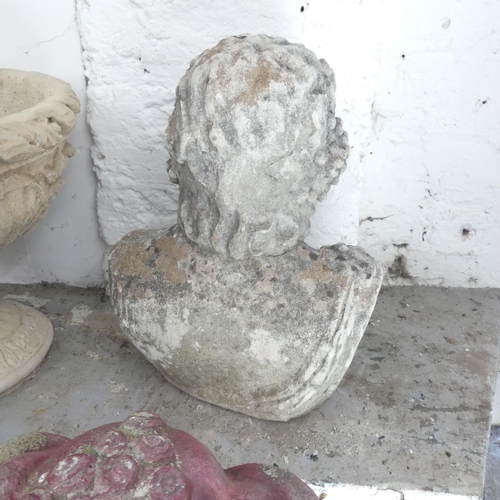 2635 - A weathered composite bust sculpture, study of Bacchus. 38x52x25cm.