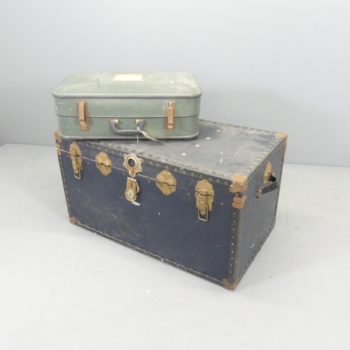 2648 - A brass bound trunk, 93x49x54cm. and faux leather suitcase with label for St. Michael's luggage. (2)