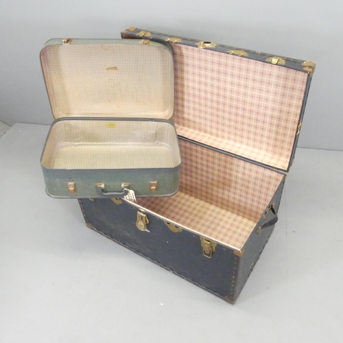 2648 - A brass bound trunk, 93x49x54cm. and faux leather suitcase with label for St. Michael's luggage. (2)