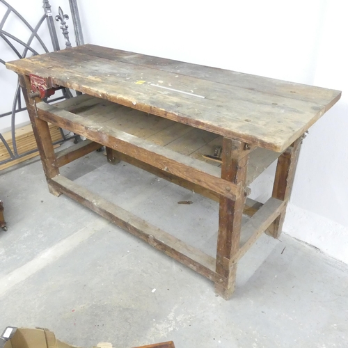 2649 - A vintage stained pine workbench, fitted with a No. 32 Rededa vice. 183x92x78cm.