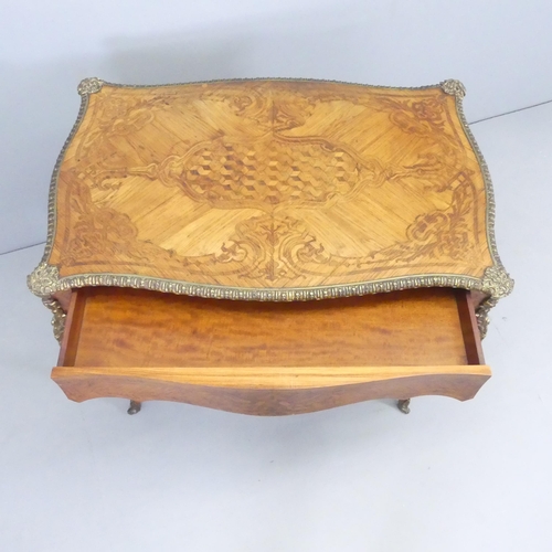 2654 - A French Louis XV style oak and kingwood veneered side table, with single frieze drawer, marquetry i... 