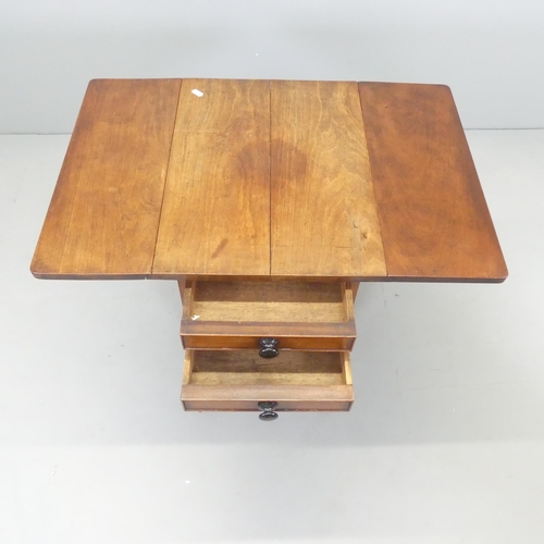 2655 - A Regency mahogany drop-leaf sewing table, with two drawers and raised on a square column with sabre... 