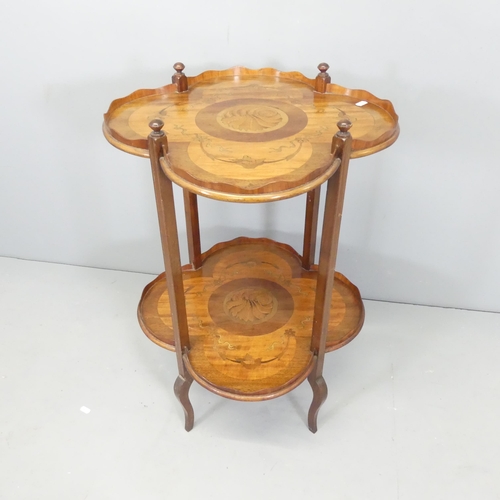 2658 - An antique French mahogany two tier scalloped edge étagère side table, with inlaid satinwood and pai... 