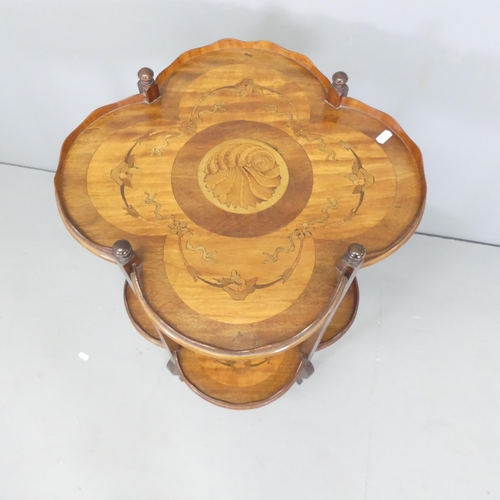 2658 - An antique French mahogany two tier scalloped edge étagère side table, with inlaid satinwood and pai... 