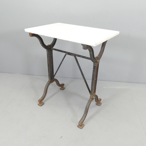 2686 - A rectangular marble topped garden table on cast iron frame. 60x72x40cm.