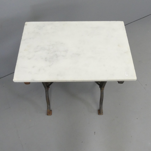 2686 - A rectangular marble topped garden table on cast iron frame. 60x72x40cm.