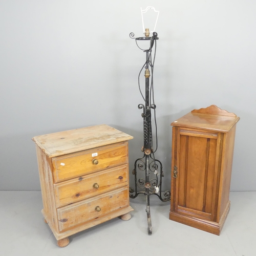 2689 - A small pine chest of 3 drawers, 59x68x40cm, an Edwardian bedside cupboard and a wrought iron black ... 