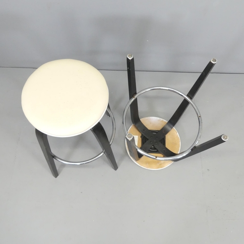 2694 - A pair of contemporary ebonised and faux leather upholstered bar stools, with chrome stretcher. Over... 