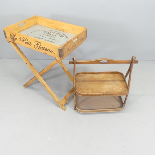 2699 - A modern pine butler's tray on folding stand, 65x79x45cm, and a two-tier bentwood tray (2).