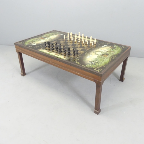 2718 - A contemporary craftsman made games top coffee table, with reverse painted glass top on mahogany bas... 