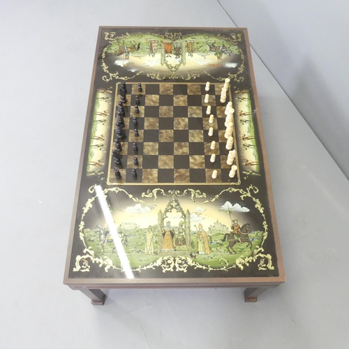 2718 - A contemporary craftsman made games top coffee table, with reverse painted glass top on mahogany bas... 