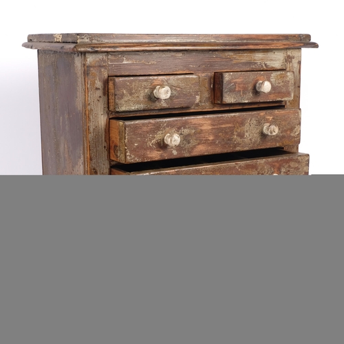 506 - A 19th century distressed pine apprentice table-top chest, 2 short and 3 long drawers, 40 x 34 x 19c... 