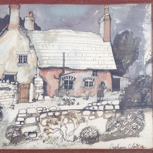 509 - Graham Clarke, coloured print, figure with a watering can outside a cottage, image size 20cm x 15cm,... 