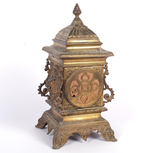514 - An ornate gilt-bronze mantel clock, 8-day movement striking on a gong, raised on cast feet, H35cm (n... 