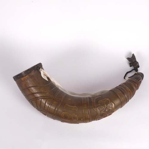 521 - A large 19th century carved powder horn, turned wood and metal mounts, carved 1882, and initialled G... 