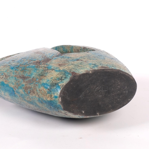 523 - HELENE VAN DONGEN, HOLLAND - a large raku fired turquoise flattened sculpture of ovoid form, with ma... 