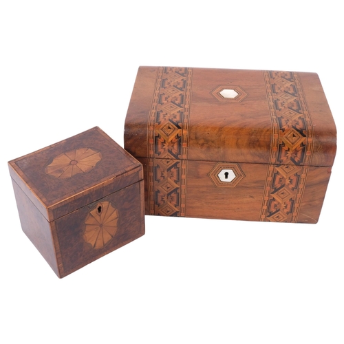 567 - 19th century burr-walnut and marquetry decorated tea caddy with fitted inner lid, and a Victorian wa... 