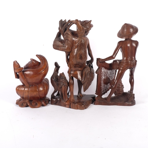 569 - A carved hardwood figure of a fisherman, a carved figure of a Chinese warrior, and another (3), tall... 