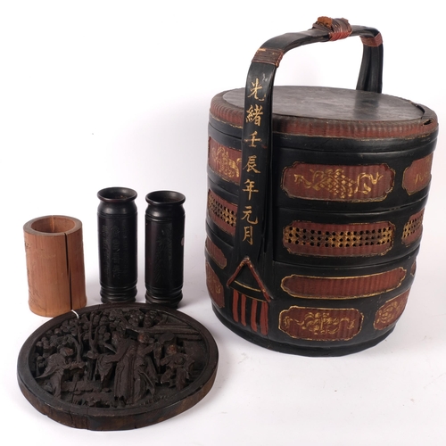 580 - A Chinese lacquered drum-shaped food container, H40cm, and 4 other carved pieces