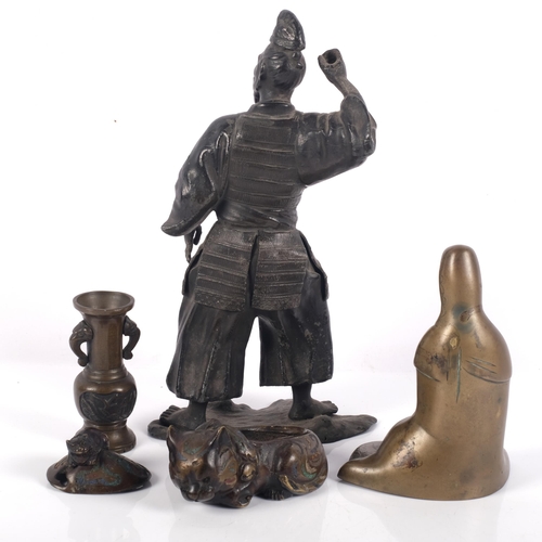 631 - A Chinese bronze temple figure, study of Guyan and moving child, a small bronze 2-handled vase, a br... 