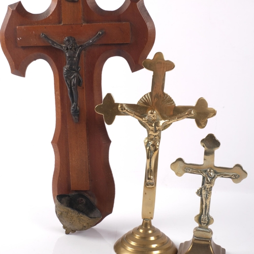 645 - 2 brass crucifixes, tallest 20cm, and a Lourdes INRI wooden crucifix, L30cm