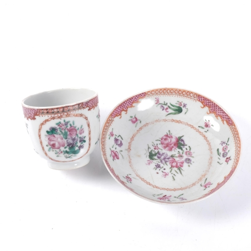 648 - An 18th century hand painted cup and saucer, Lowestoft, floral decoration