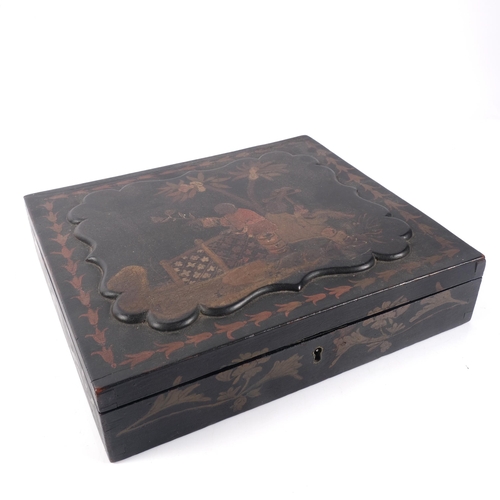 658 - A Chinese painted box containing a large quantity of mother-of-pearl and bone gaming counters