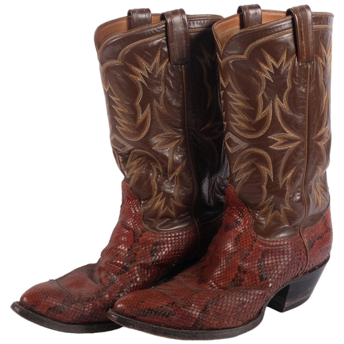 877 - A pair of Tony Lama leather cowboy boots, with calf skin top and python foot, H34.5cm