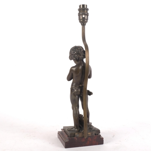 881 - A bronze figure of a boy playing the flute, signed Jean Louis Gregoire, converted to a table lamp, h... 