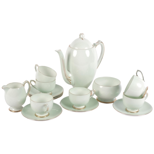 884 - Vintage Shelley green coffee service with gold rims, for 6 people, coffee pot height 21cm