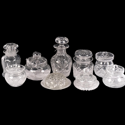 886 - Stuart Tudor Crystal jar and stopper, 17.5cm, various glass preserve pots and covers etc