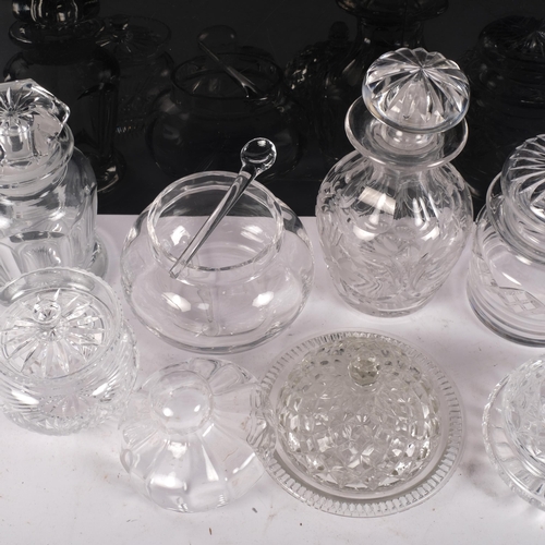 886 - Stuart Tudor Crystal jar and stopper, 17.5cm, various glass preserve pots and covers etc