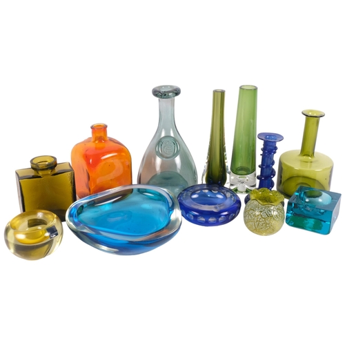 890 - A group of decorative coloured glassware, including green vases, tallest 22cm