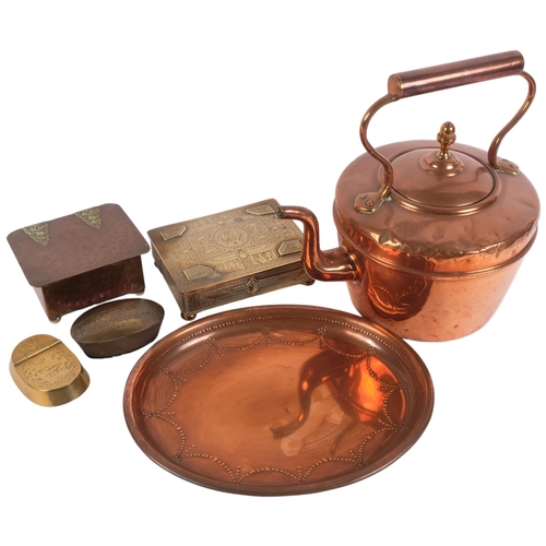 902 - Antique copper kettle, H24cm, 1914 brass snuff/tobacco box, and another, 2 decorative boxes, vase an... 