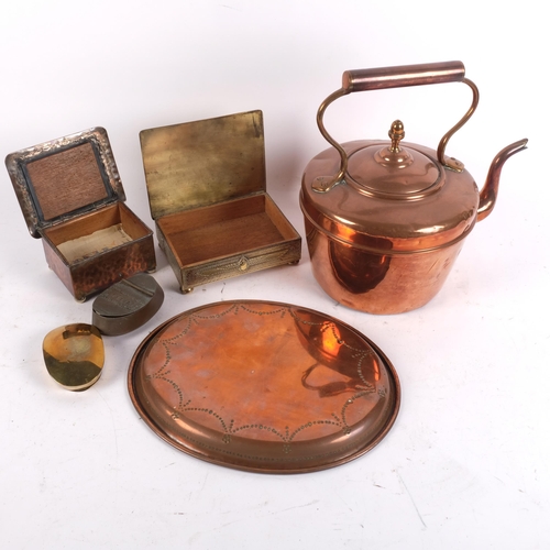 902 - Antique copper kettle, H24cm, 1914 brass snuff/tobacco box, and another, 2 decorative boxes, vase an... 