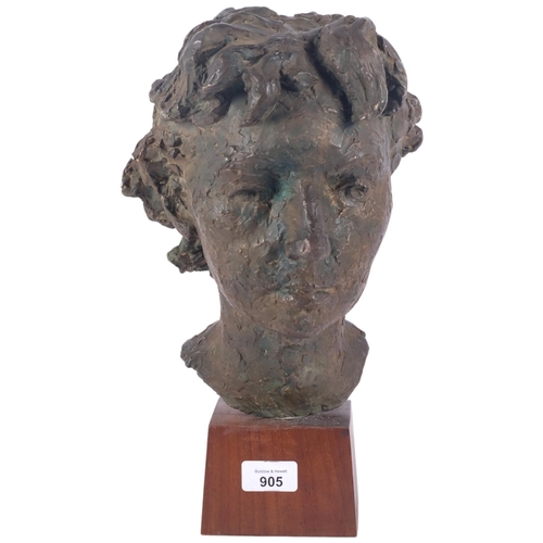 905 - A bronze-effect female plaster bust, on wooden plinth, H34cm