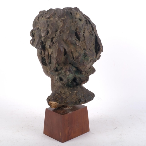 905 - A bronze-effect female plaster bust, on wooden plinth, H34cm