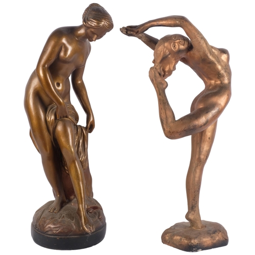 906 - Art Deco style bronze-effect plaster sculpture of a lady, 54cm, and another plaster sculpture of a d... 