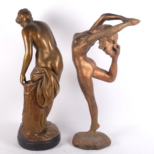 906 - Art Deco style bronze-effect plaster sculpture of a lady, 54cm, and another plaster sculpture of a d... 