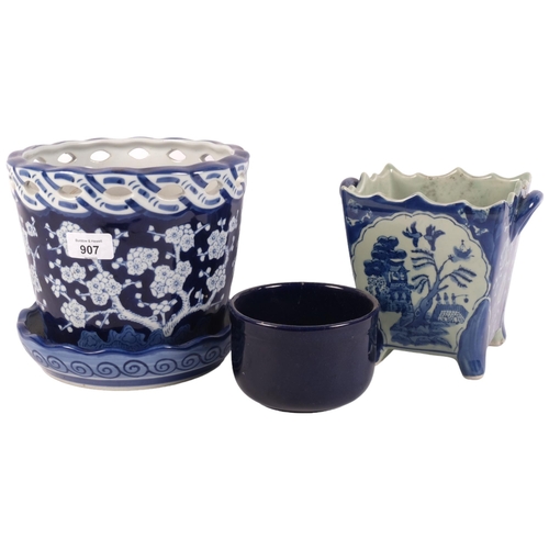 907 - Ceramic jardiniere with prunus decoration, H18cm, a reproduction 2-handled plant pot etc