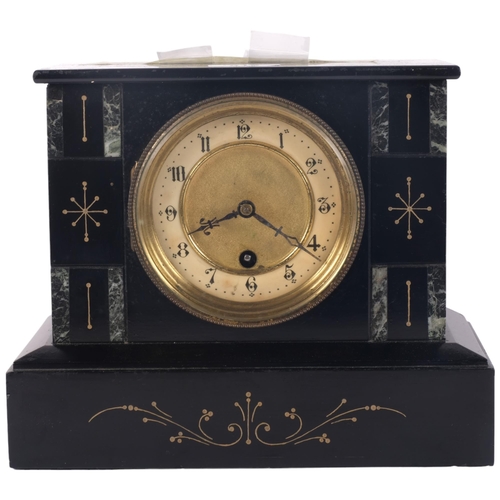 912 - An Antique engraved slate and marble-cased mantel clock, with pendulum and key, H20.5cm