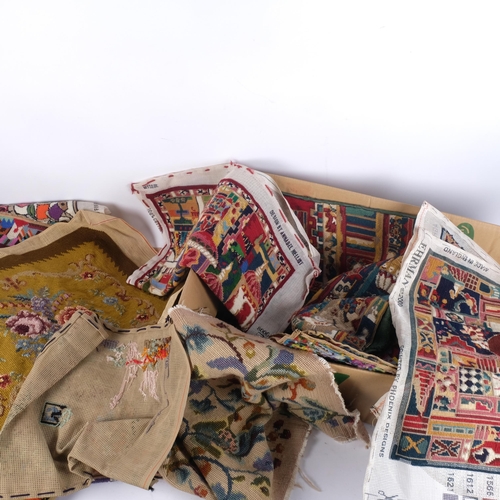 919 - A quantity of mostly modern cross-stitch woolwork panels, and a pennant, and a Vintage yacht club bu... 