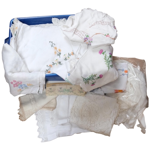 925 - A large boxful of embroidered and crochet-edged table linen etc