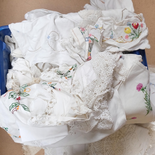 925 - A large boxful of embroidered and crochet-edged table linen etc