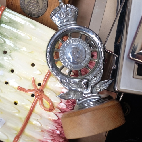 928 - Cased Derby porcelain-handled knives, silver plated photograph frames, RAC badge, asparagus plates a... 