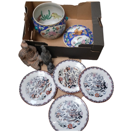 930 - A Chinese enamelled jar and cover, terracotta warriors and Staffordshire chinoiserie plates