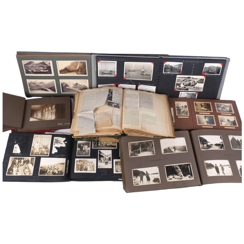 936 - An early 20th century and later family photograph albums, a scrapbook, an atlas etc