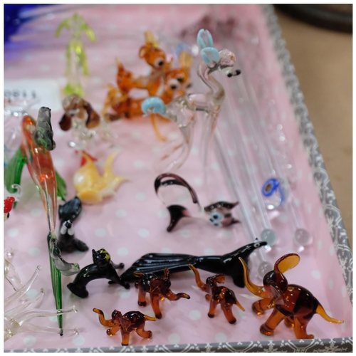 1180 - A handmade glass crane, 28cm, glass bambis, and miniature animals etc