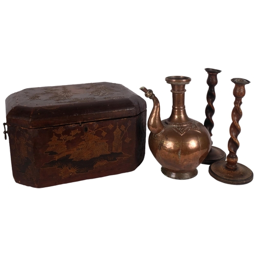 1183 - An Oriental lacquered box of octagonal form, L43cm, a pair of oak barley twist candlesticks, and a P... 