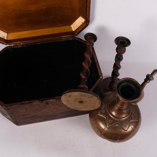 1183 - An Oriental lacquered box of octagonal form, L43cm, a pair of oak barley twist candlesticks, and a P... 